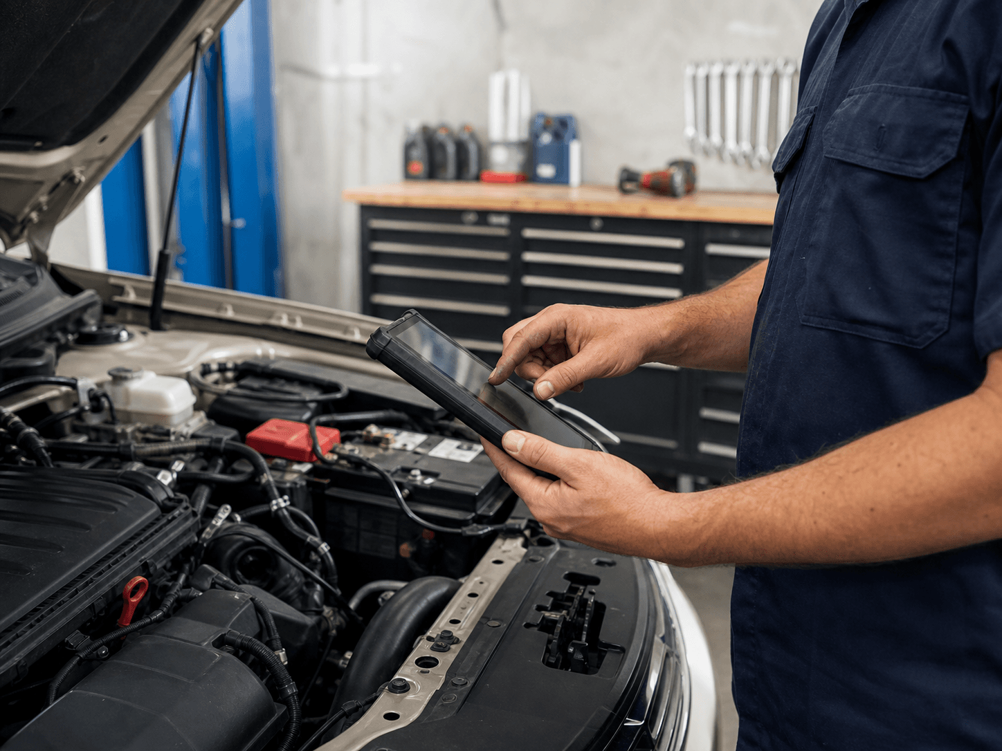 Mechanic using diagnostic equipment beside an open engine bay
