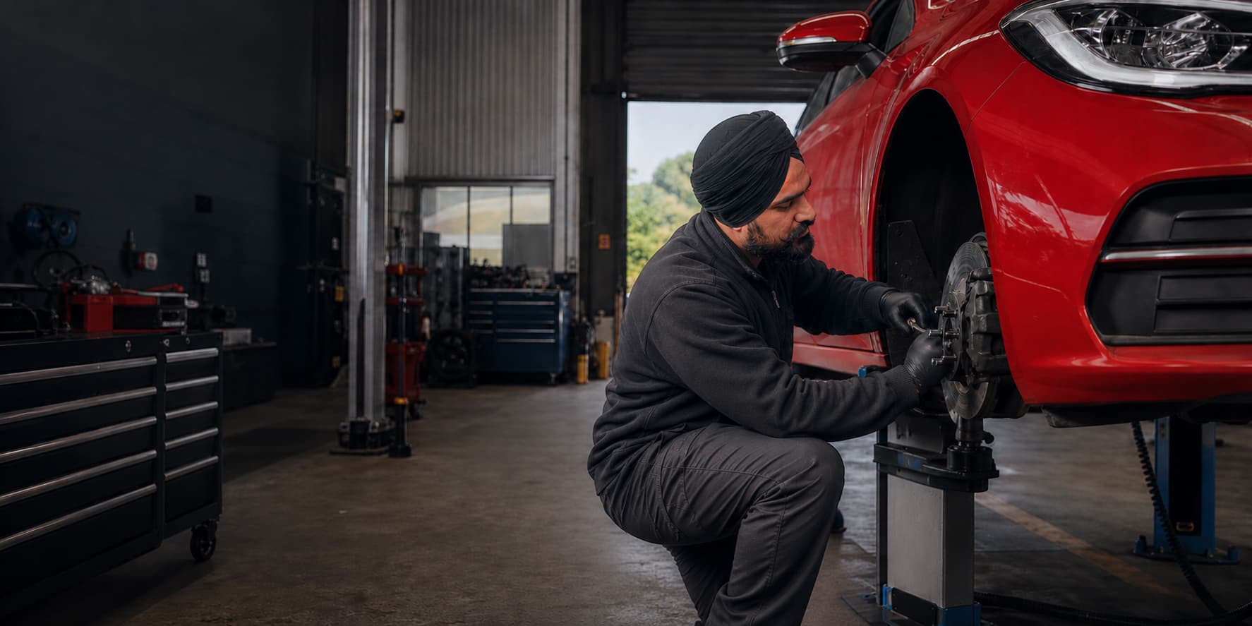 Mechanic inspecting the brakes of a red car in a service bay